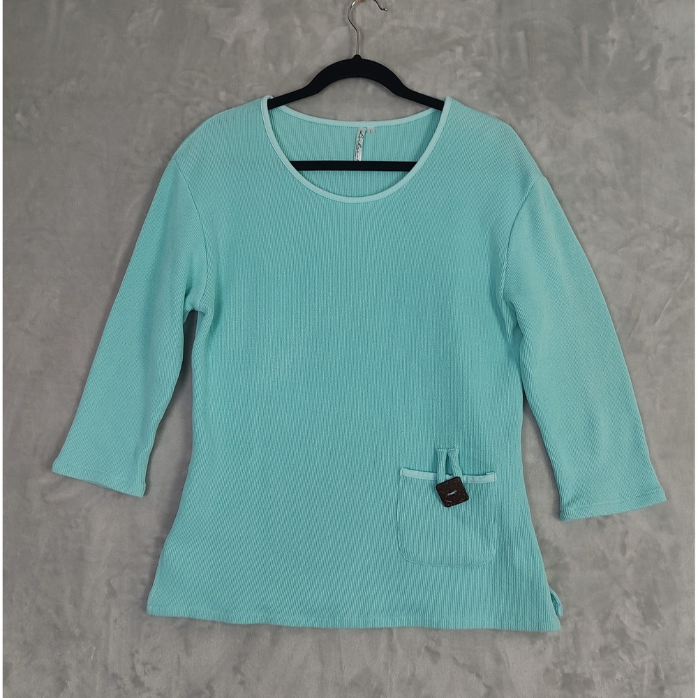 Lulu-B Women Aqua Blue 3/4 Sleeve Waffle‎ Knit Sweater Top Pocket Toggle Size L